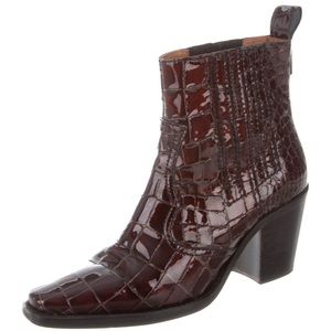 Ganni Dark Brown Croc-Pattern Ankle Booties